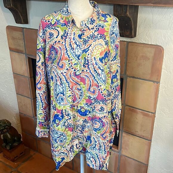 Marina Sport by Marina Rinaldi Floral Watercolor Button-Up Blouse, 18!